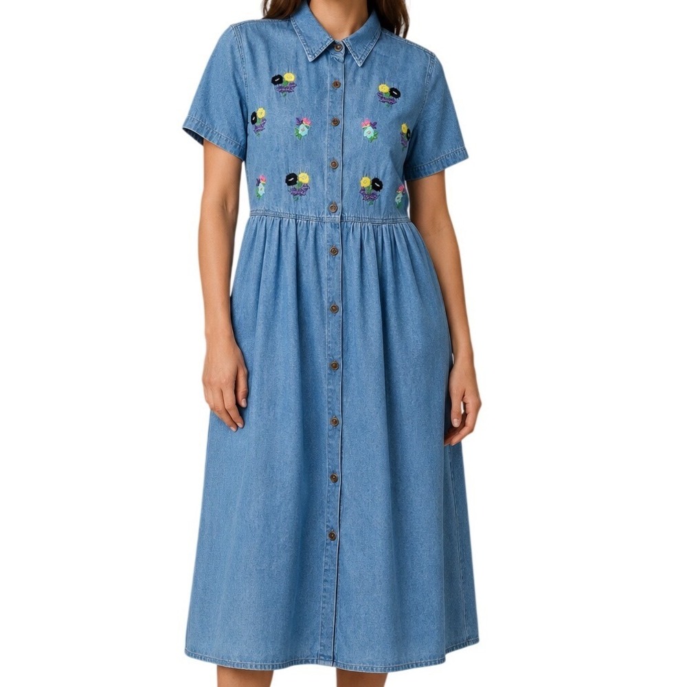 90s G.S. VTG Denims Floral Embroidered Chambray Midi Dress L Cottagecore Boho